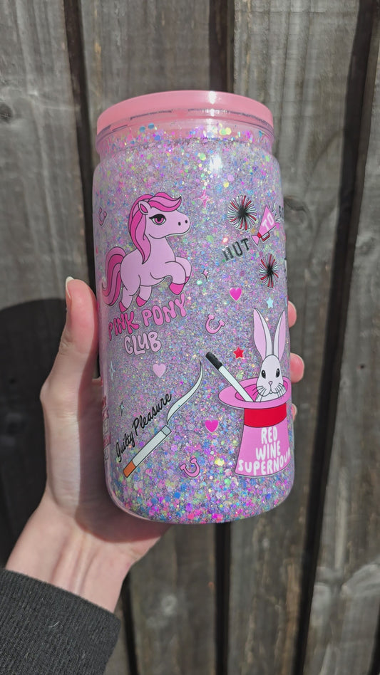 Pink pony snowglobe tumbler (plastic) ready to post