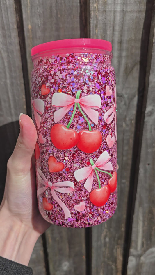 Pink cherry snowglobe tumbler (plastic) ready to post