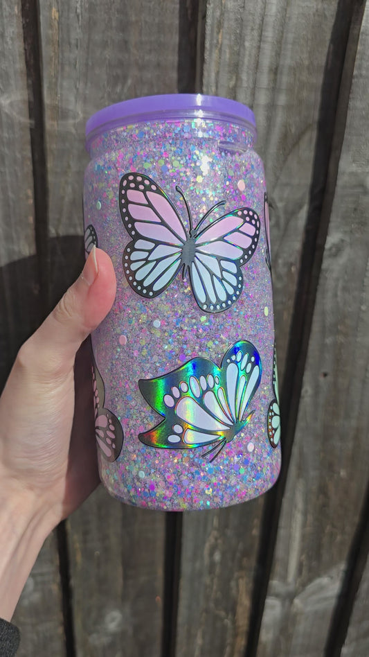 Holographic butterfly snowglobe tumbler (plastic) ready to post